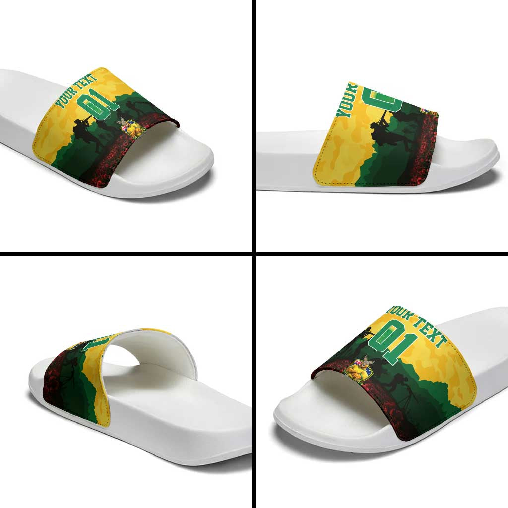 Personalized Australian Jackaroos ANZAC Slide Sandals Poppy Field Soldiers Silhouette Sunset Commemorative Design