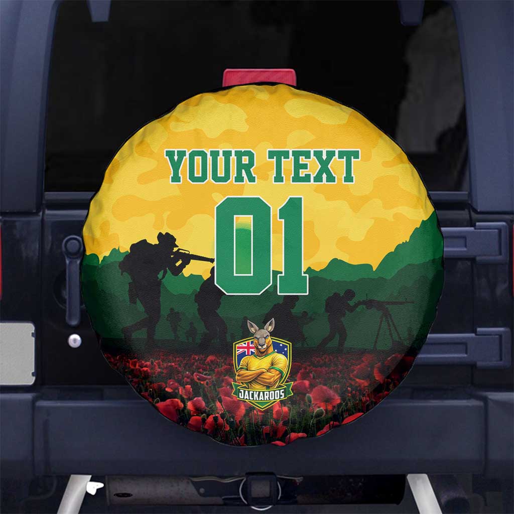 Personalized Australian Jackaroos ANZAC Spare Tire Cover Poppy Field Soldiers Silhouette Sunset Commemorative Design