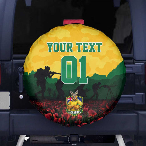 Personalized Australian Jackaroos ANZAC Spare Tire Cover Poppy Field Soldiers Silhouette Sunset Commemorative Design