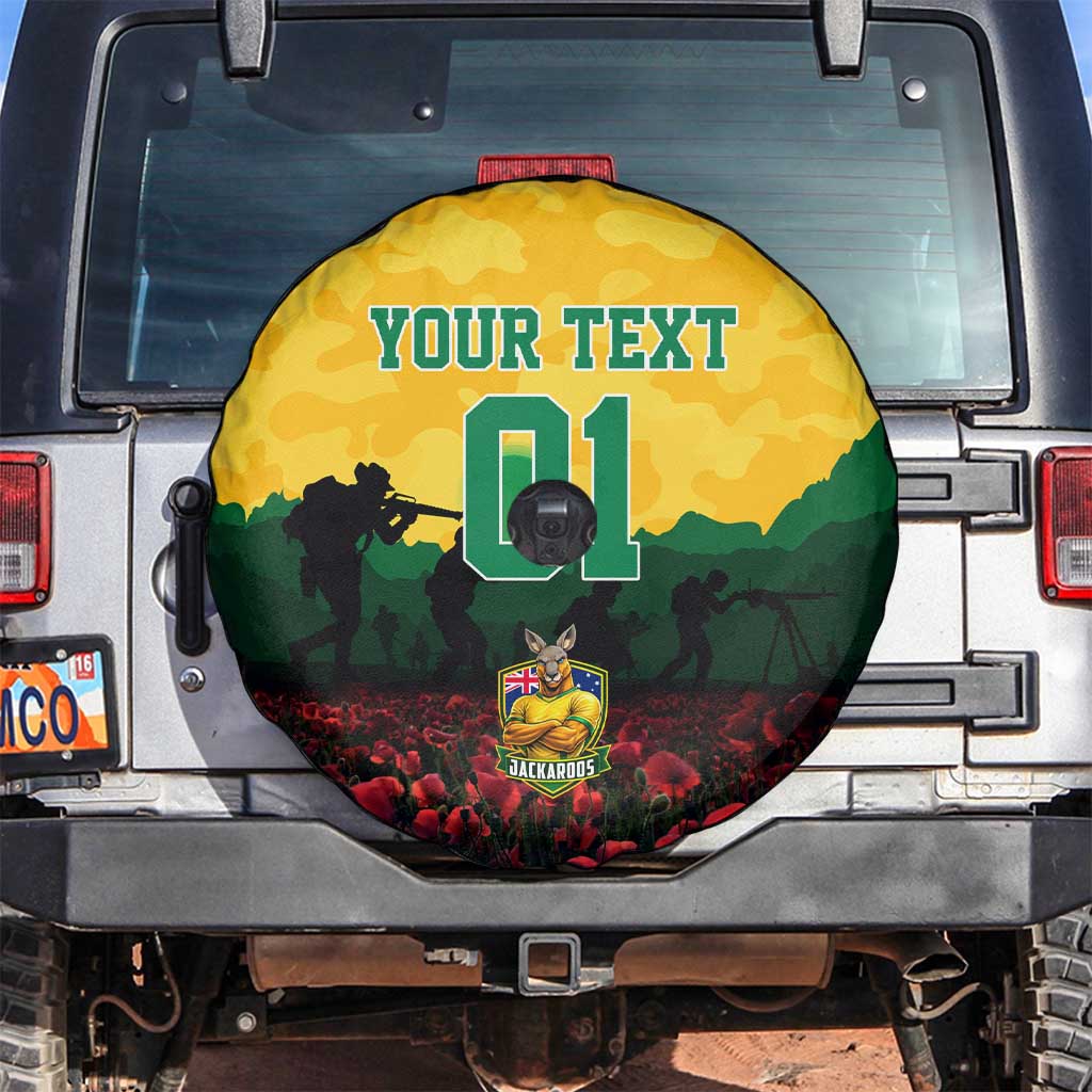 Personalized Australian Jackaroos ANZAC Spare Tire Cover Poppy Field Soldiers Silhouette Sunset Commemorative Design