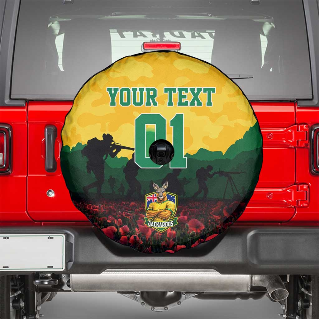 Personalized Australian Jackaroos ANZAC Spare Tire Cover Poppy Field Soldiers Silhouette Sunset Commemorative Design