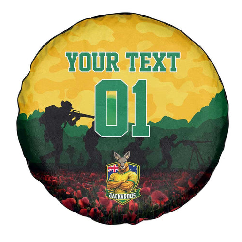 Personalized Australian Jackaroos ANZAC Spare Tire Cover Poppy Field Soldiers Silhouette Sunset Commemorative Design
