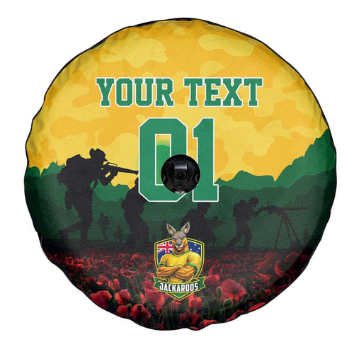 Personalized Australian Jackaroos ANZAC Spare Tire Cover Poppy Field Soldiers Silhouette Sunset Commemorative Design