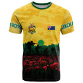 Personalized Australian Jackaroos ANZAC T Shirt Poppy Field Soldiers Silhouette Sunset Commemorative Design