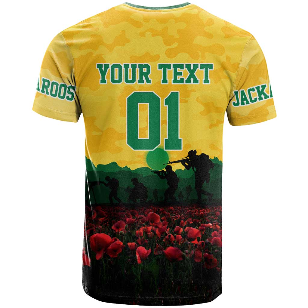 Personalized Australian Jackaroos ANZAC T Shirt Poppy Field Soldiers Silhouette Sunset Commemorative Design