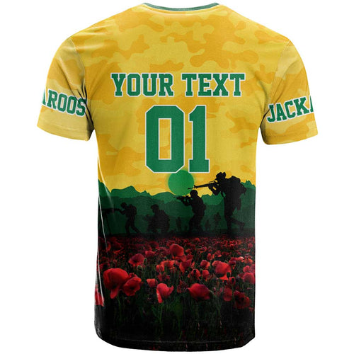 Personalized Australian Jackaroos ANZAC T Shirt Poppy Field Soldiers Silhouette Sunset Commemorative Design