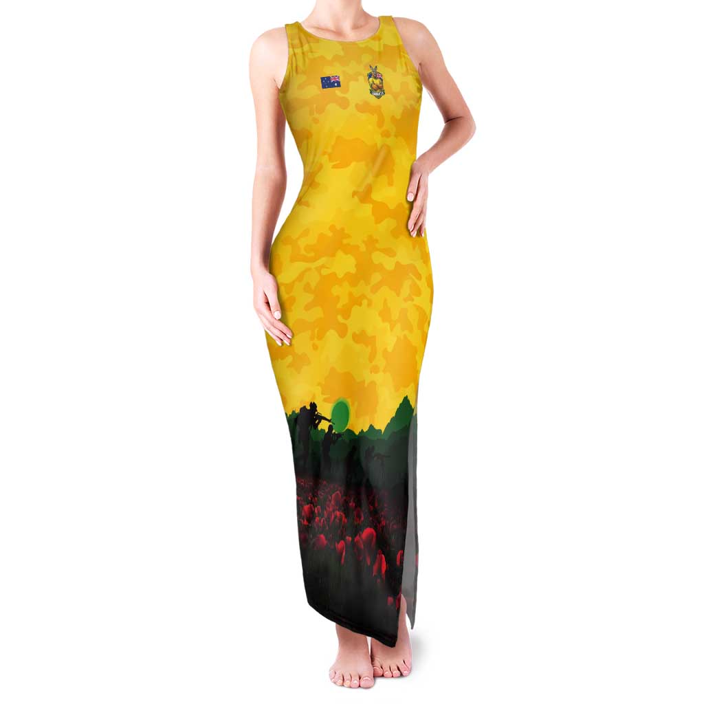Personalized Australian Jackaroos ANZAC Tank Maxi Dress Poppy Field Soldiers Silhouette Sunset Commemorative Design