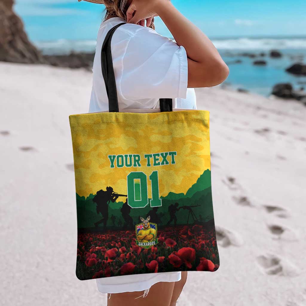 Personalized Australian Jackaroos ANZAC Tote Bag Poppy Field Soldiers Silhouette Sunset Commemorative Design