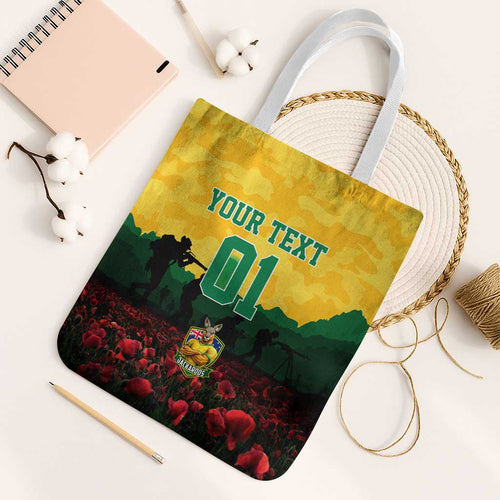 Personalized Australian Jackaroos ANZAC Tote Bag Poppy Field Soldiers Silhouette Sunset Commemorative Design