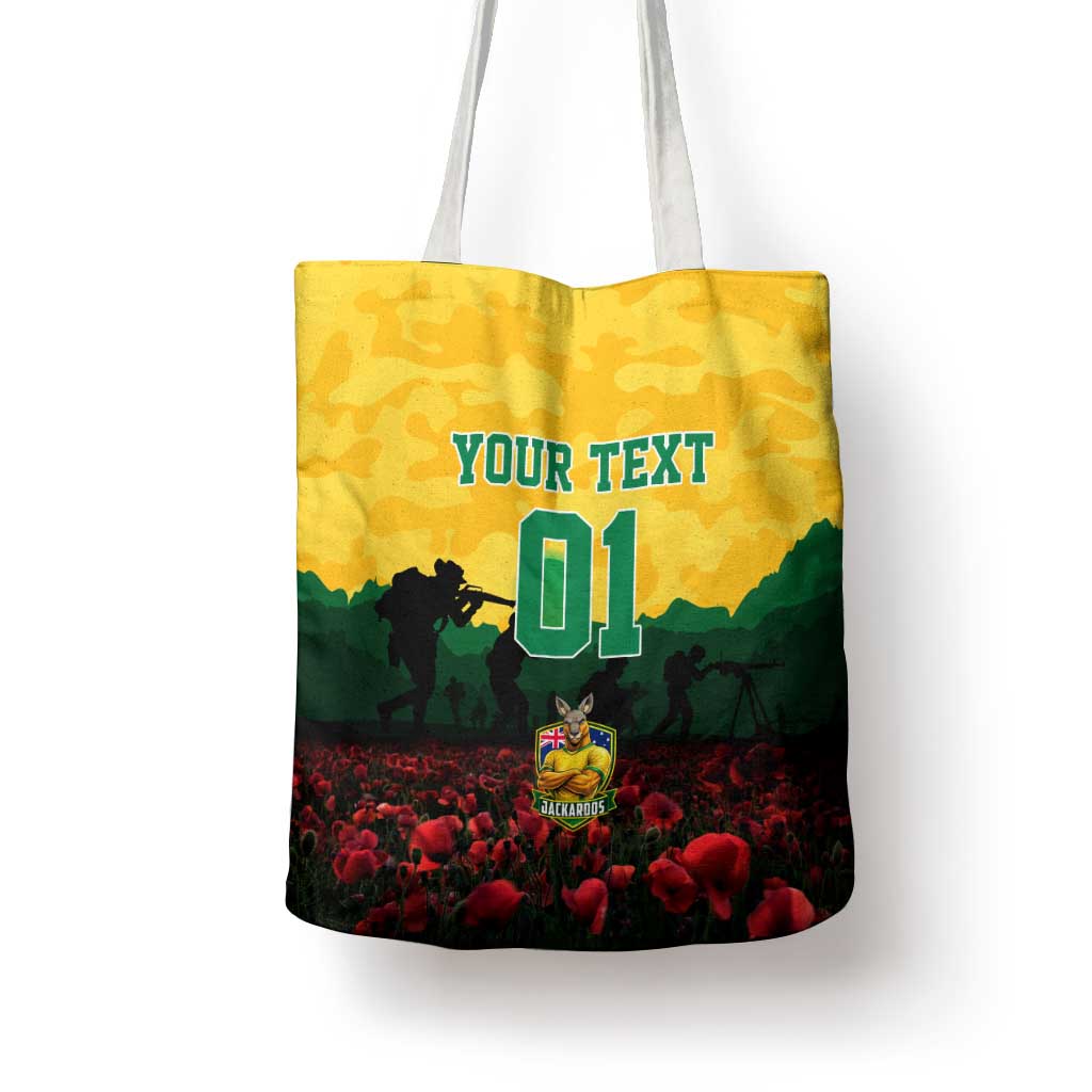 Personalized Australian Jackaroos ANZAC Tote Bag Poppy Field Soldiers Silhouette Sunset Commemorative Design