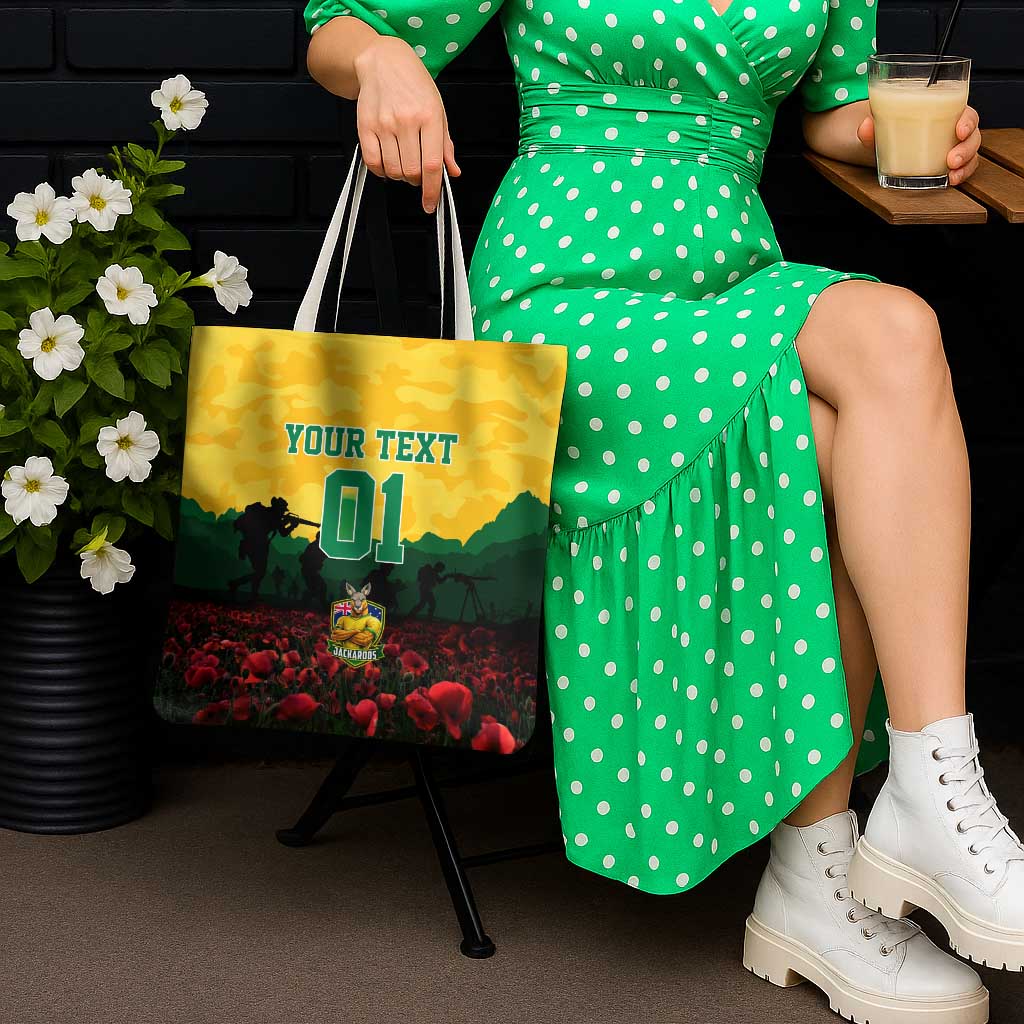 Personalized Australian Jackaroos ANZAC Tote Bag Poppy Field Soldiers Silhouette Sunset Commemorative Design