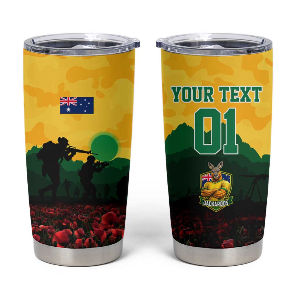 Personalized Australian Jackaroos ANZAC Tumbler Cup Poppy Field Soldiers Silhouette Sunset Commemorative Design