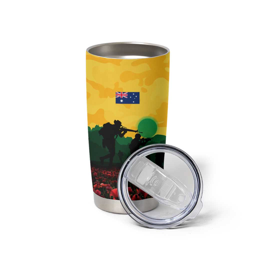 Personalized Australian Jackaroos ANZAC Tumbler Cup Poppy Field Soldiers Silhouette Sunset Commemorative Design