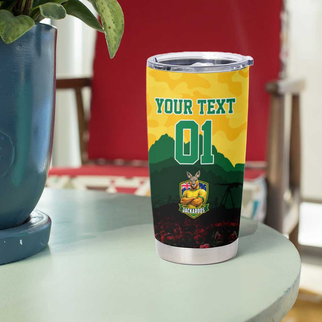 Personalized Australian Jackaroos ANZAC Tumbler Cup Poppy Field Soldiers Silhouette Sunset Commemorative Design