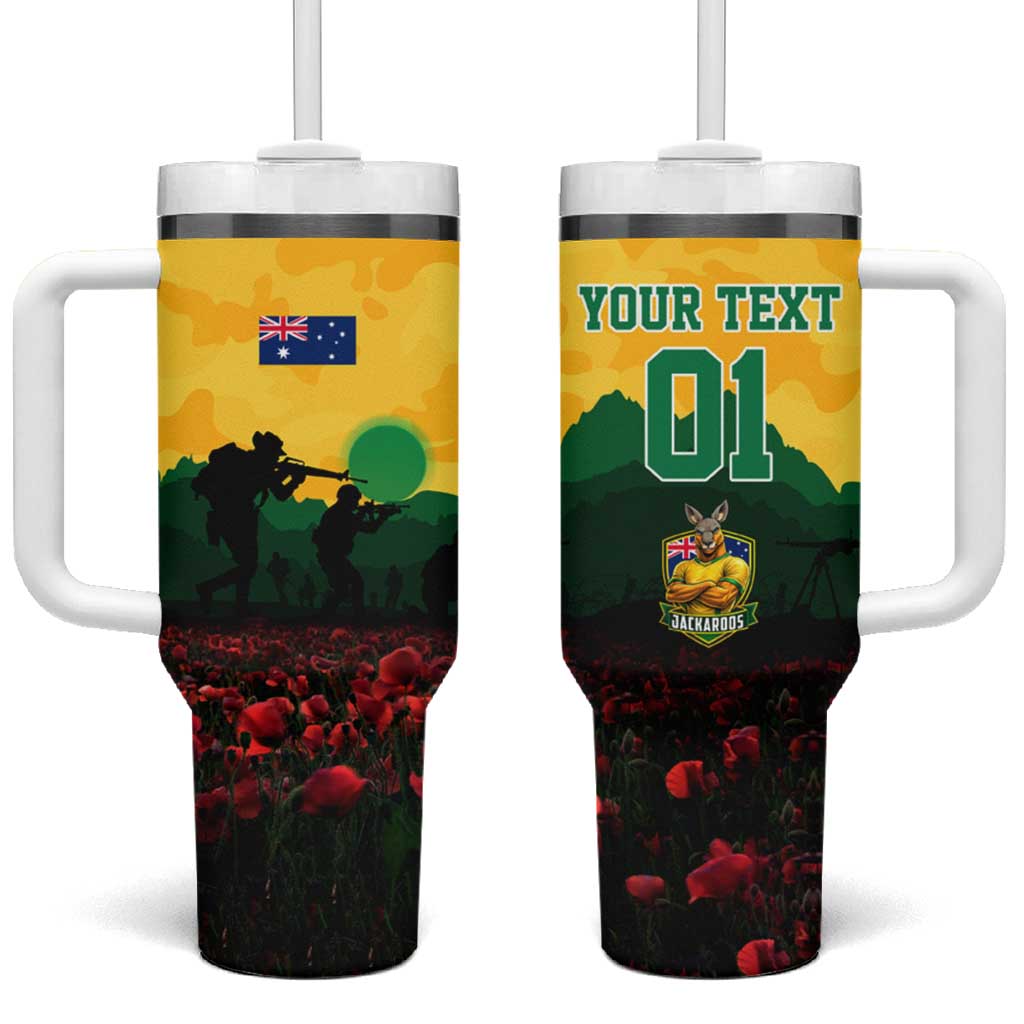 Personalized Australian Jackaroos ANZAC Tumbler With Handle Poppy Field Soldiers Silhouette Sunset Commemorative Design