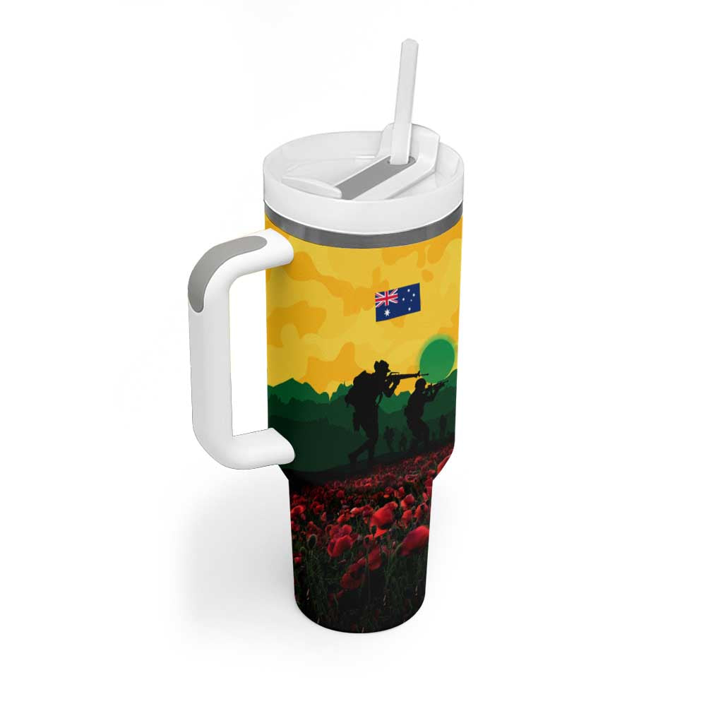 Personalized Australian Jackaroos ANZAC Tumbler With Handle Poppy Field Soldiers Silhouette Sunset Commemorative Design