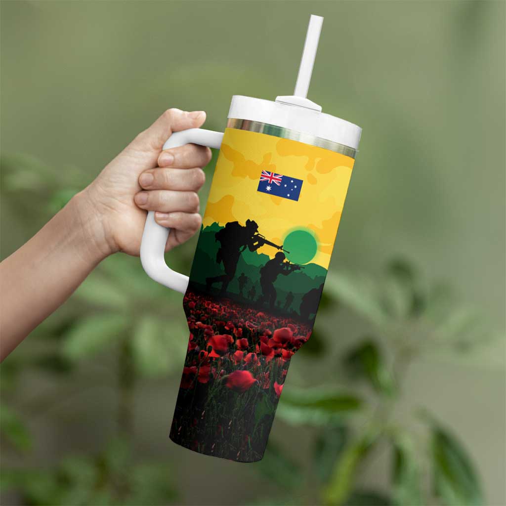 Personalized Australian Jackaroos ANZAC Tumbler With Handle Poppy Field Soldiers Silhouette Sunset Commemorative Design