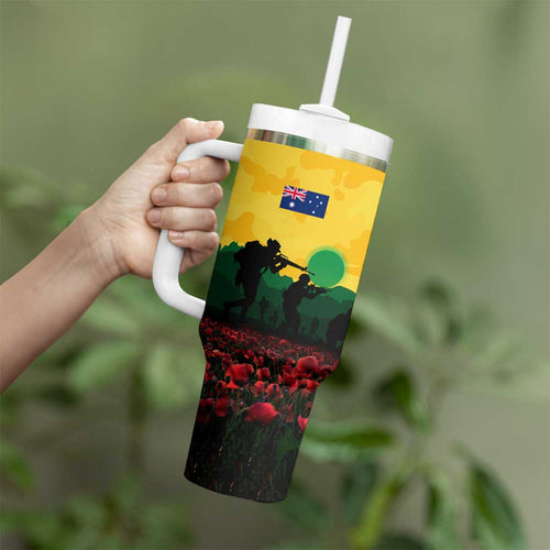 Personalized Australian Jackaroos ANZAC Tumbler With Handle Poppy Field Soldiers Silhouette Sunset Commemorative Design
