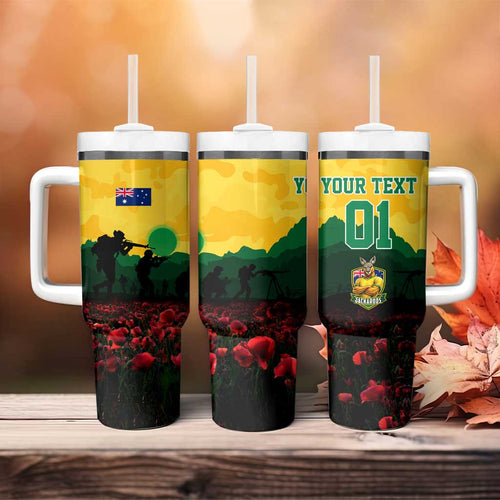 Personalized Australian Jackaroos ANZAC Tumbler With Handle Poppy Field Soldiers Silhouette Sunset Commemorative Design