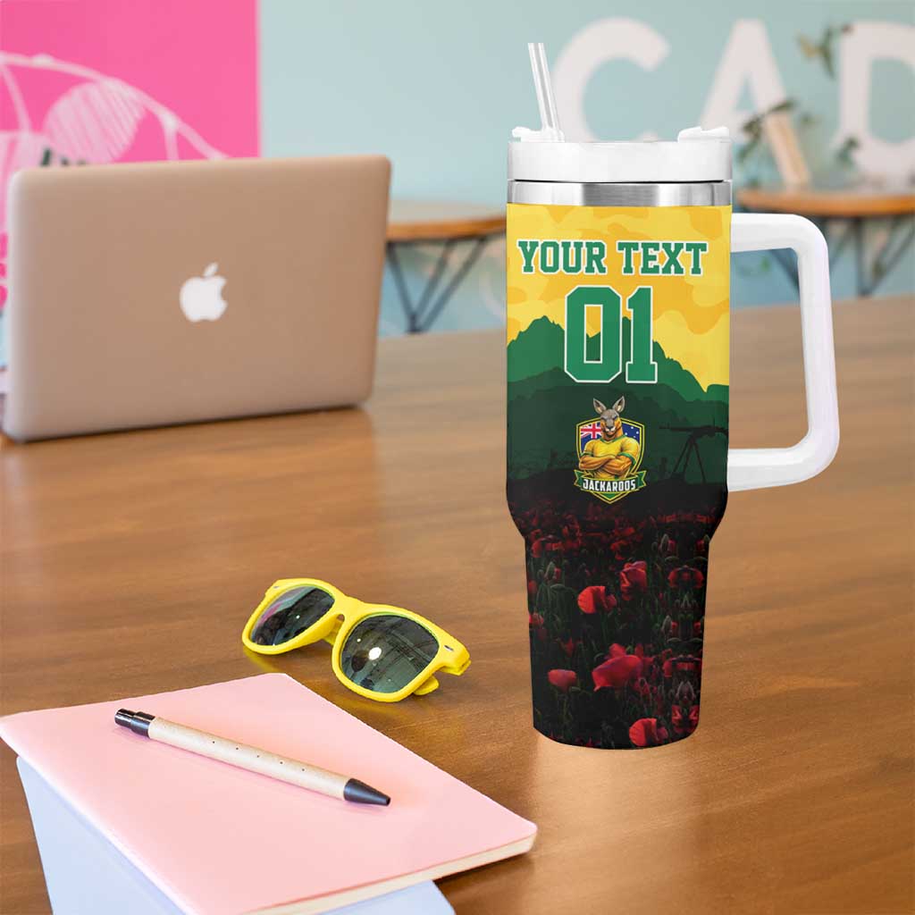 Personalized Australian Jackaroos ANZAC Tumbler With Handle Poppy Field Soldiers Silhouette Sunset Commemorative Design
