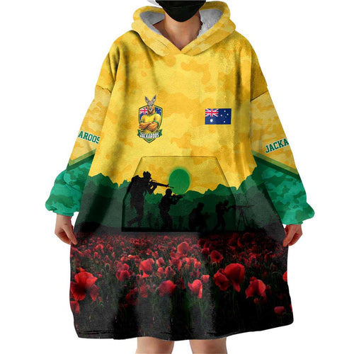 Personalized Australian Jackaroos ANZAC Wearable Blanket Hoodie Poppy Field Soldiers Silhouette Sunset Commemorative Design