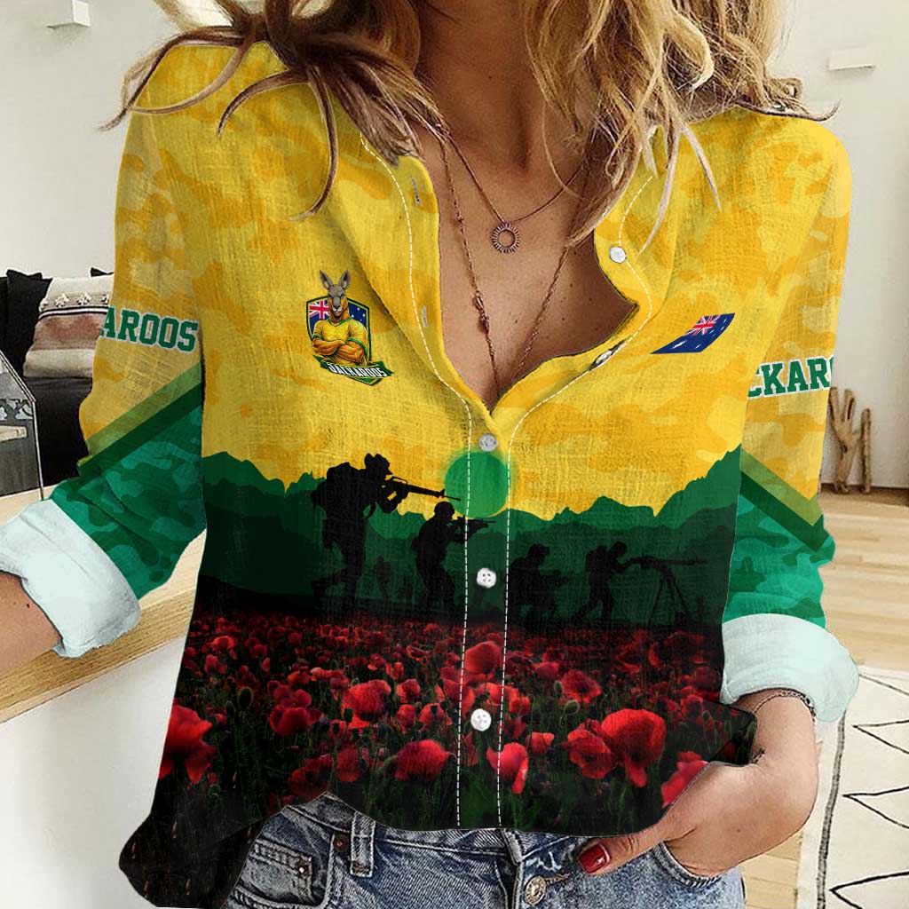 Personalized Australian Jackaroos ANZAC Women Casual Shirt Poppy Field Soldiers Silhouette Sunset Commemorative Design