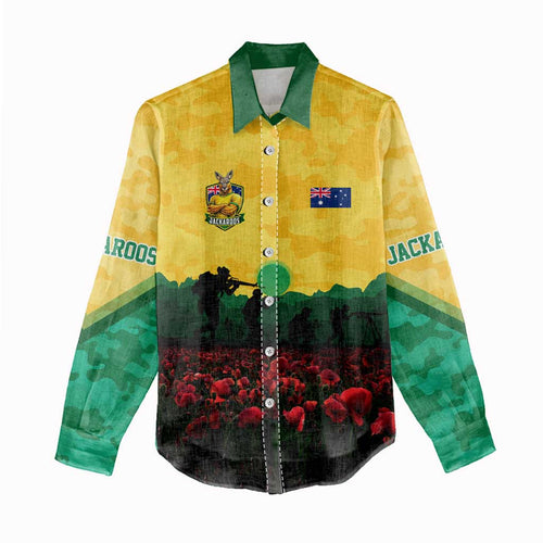 Personalized Australian Jackaroos ANZAC Women Casual Shirt Poppy Field Soldiers Silhouette Sunset Commemorative Design
