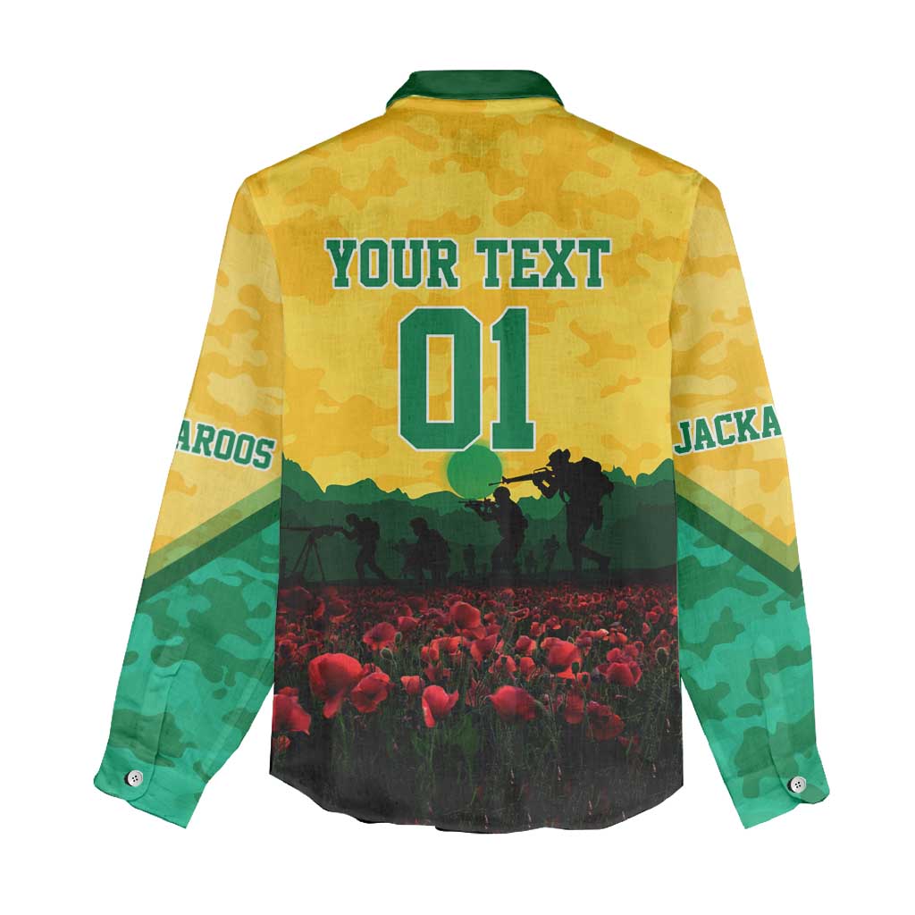 Personalized Australian Jackaroos ANZAC Women Casual Shirt Poppy Field Soldiers Silhouette Sunset Commemorative Design