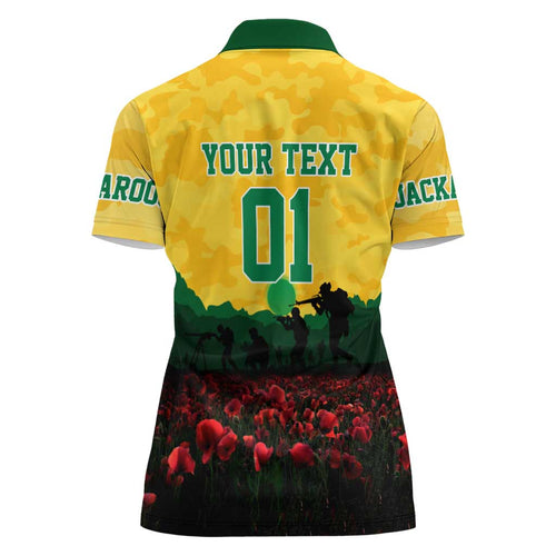 Personalized Australian Jackaroos ANZAC Women Polo Shirt Poppy Field Soldiers Silhouette Sunset Commemorative Design