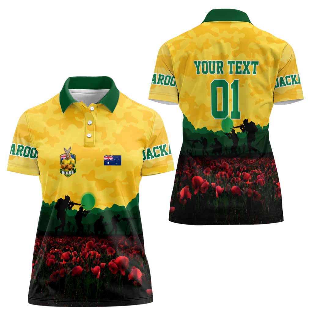 Personalized Australian Jackaroos ANZAC Women Polo Shirt Poppy Field Soldiers Silhouette Sunset Commemorative Design