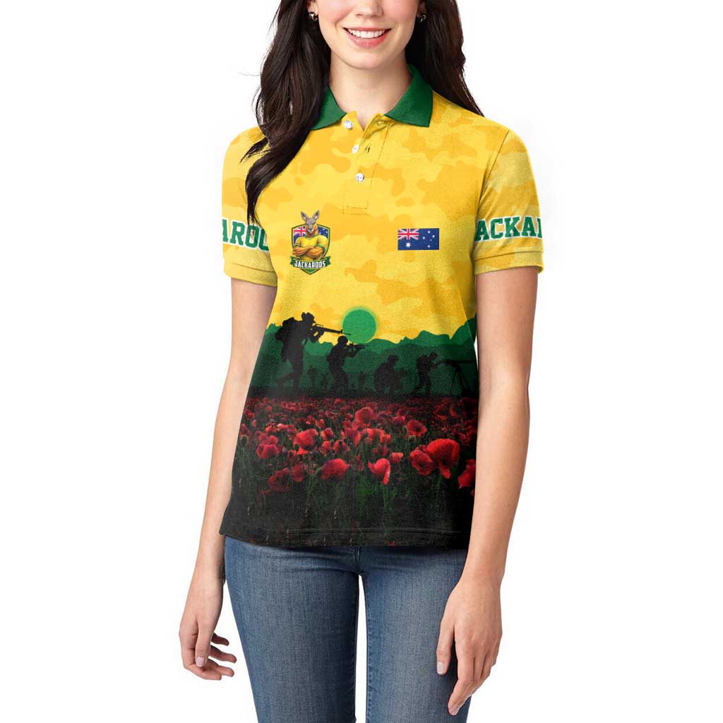 Personalized Australian Jackaroos ANZAC Women Polo Shirt Poppy Field Soldiers Silhouette Sunset Commemorative Design