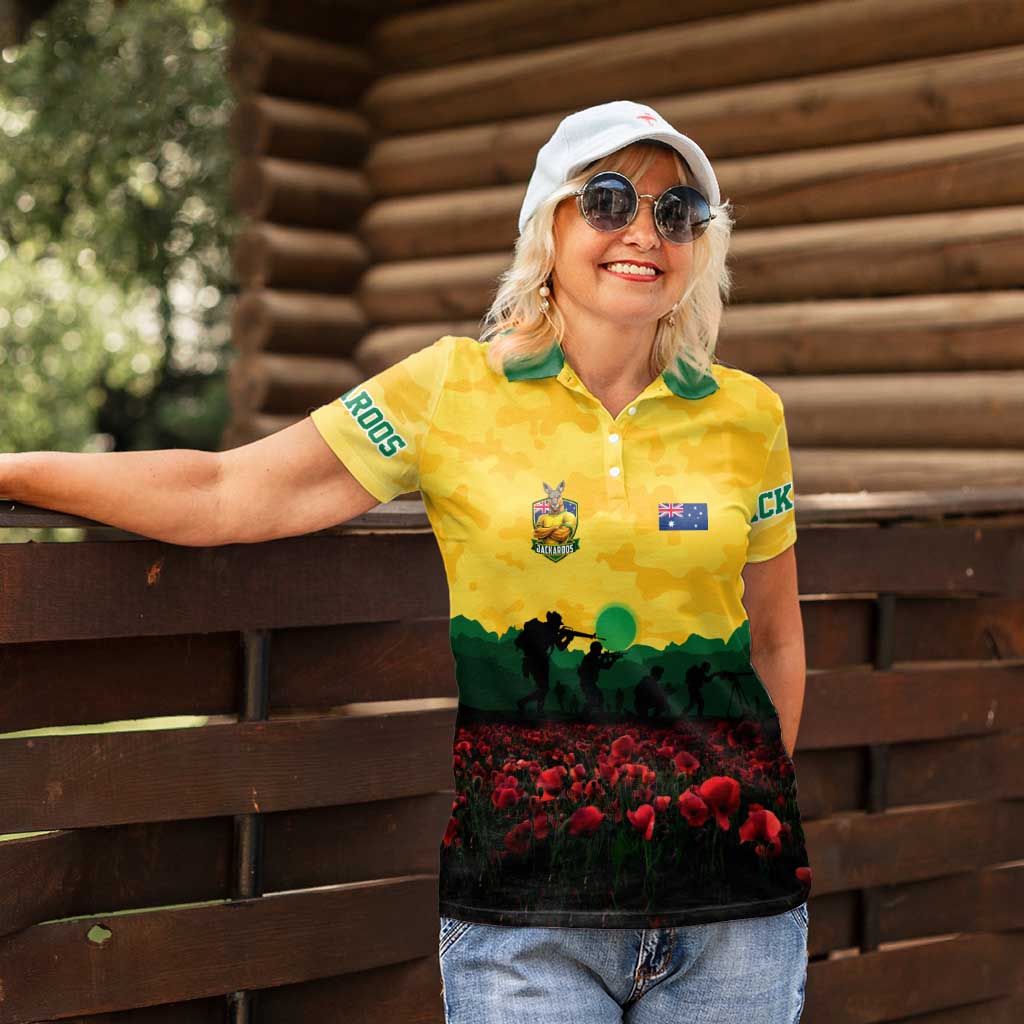 Personalized Australian Jackaroos ANZAC Women Polo Shirt Poppy Field Soldiers Silhouette Sunset Commemorative Design