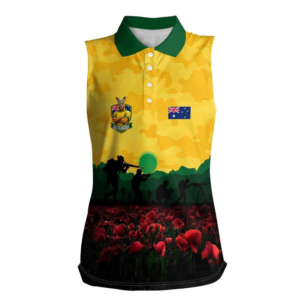 Personalized Australian Jackaroos ANZAC Women Sleeveless Polo Shirt Poppy Field Soldiers Silhouette Sunset Commemorative Design