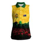 Personalized Australian Jackaroos ANZAC Women Sleeveless Polo Shirt Poppy Field Soldiers Silhouette Sunset Commemorative Design
