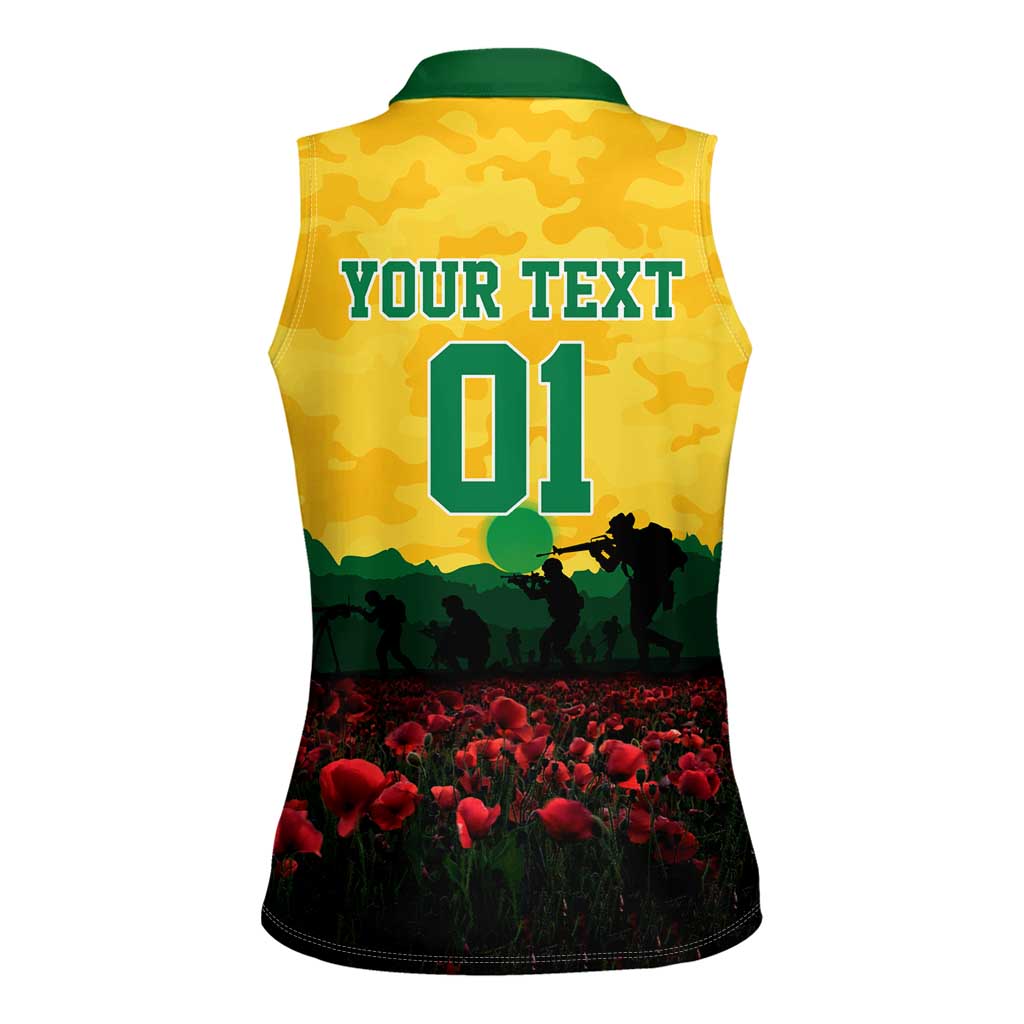 Personalized Australian Jackaroos ANZAC Women Sleeveless Polo Shirt Poppy Field Soldiers Silhouette Sunset Commemorative Design