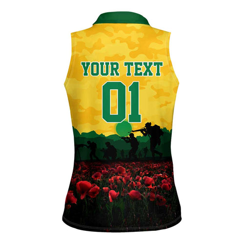 Personalized Australian Jackaroos ANZAC Women Sleeveless Polo Shirt Poppy Field Soldiers Silhouette Sunset Commemorative Design