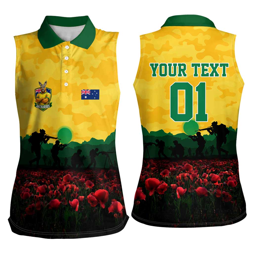 Personalized Australian Jackaroos ANZAC Women Sleeveless Polo Shirt Poppy Field Soldiers Silhouette Sunset Commemorative Design