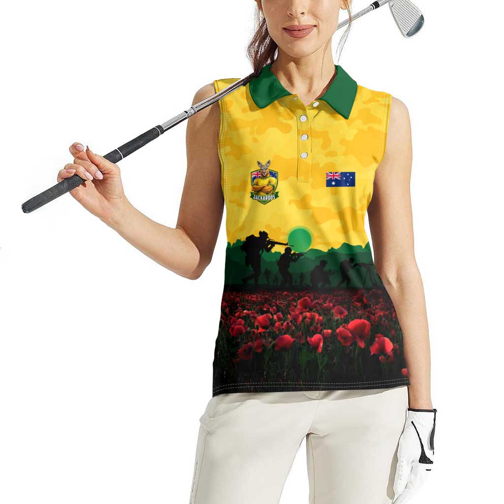 Personalized Australian Jackaroos ANZAC Women Sleeveless Polo Shirt Poppy Field Soldiers Silhouette Sunset Commemorative Design