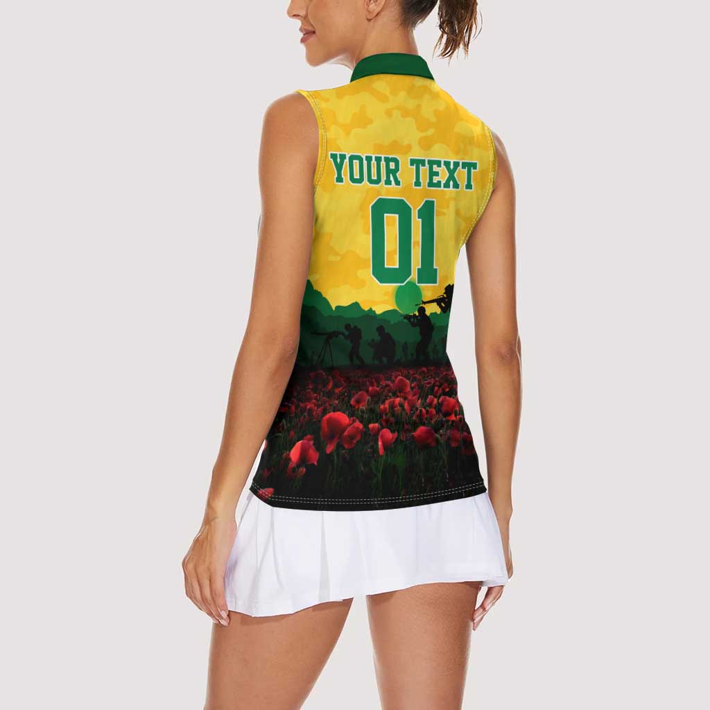 Personalized Australian Jackaroos ANZAC Women Sleeveless Polo Shirt Poppy Field Soldiers Silhouette Sunset Commemorative Design
