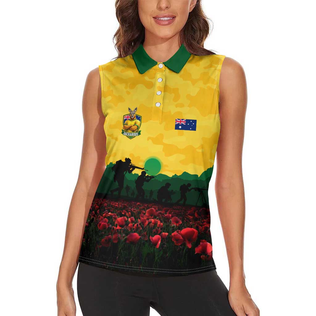 Personalized Australian Jackaroos ANZAC Women Sleeveless Polo Shirt Poppy Field Soldiers Silhouette Sunset Commemorative Design