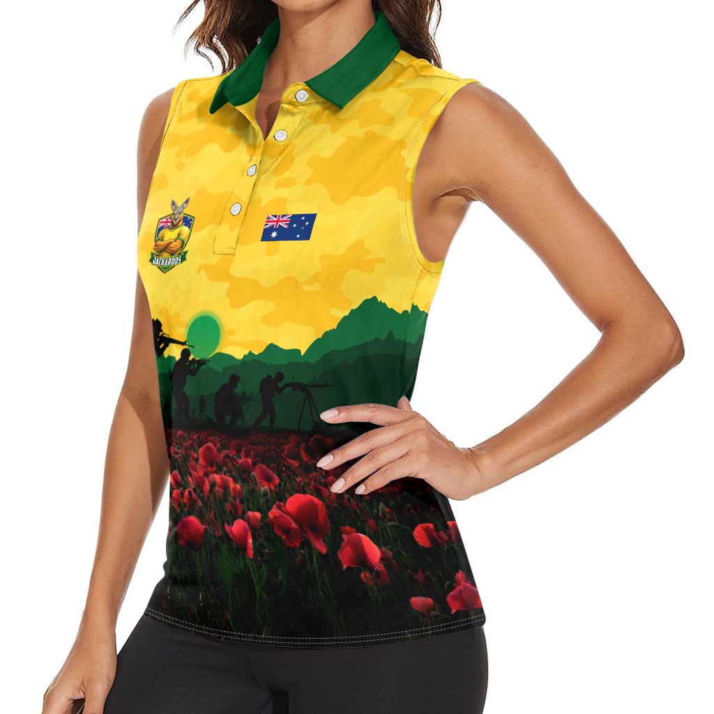Personalized Australian Jackaroos ANZAC Women Sleeveless Polo Shirt Poppy Field Soldiers Silhouette Sunset Commemorative Design