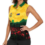 Personalized Australian Jackaroos ANZAC Women Sleeveless Polo Shirt Poppy Field Soldiers Silhouette Sunset Commemorative Design