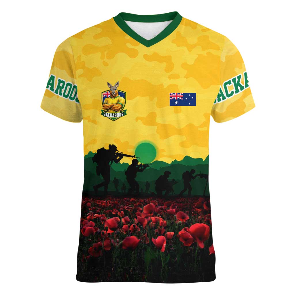 Personalized Australian Jackaroos ANZAC Women V-Neck T-Shirt Poppy Field Soldiers Silhouette Sunset Commemorative Design