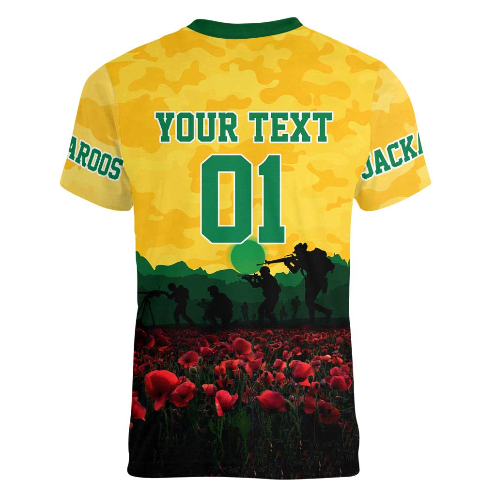 Personalized Australian Jackaroos ANZAC Women V-Neck T-Shirt Poppy Field Soldiers Silhouette Sunset Commemorative Design