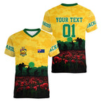 Personalized Australian Jackaroos ANZAC Women V-Neck T-Shirt Poppy Field Soldiers Silhouette Sunset Commemorative Design