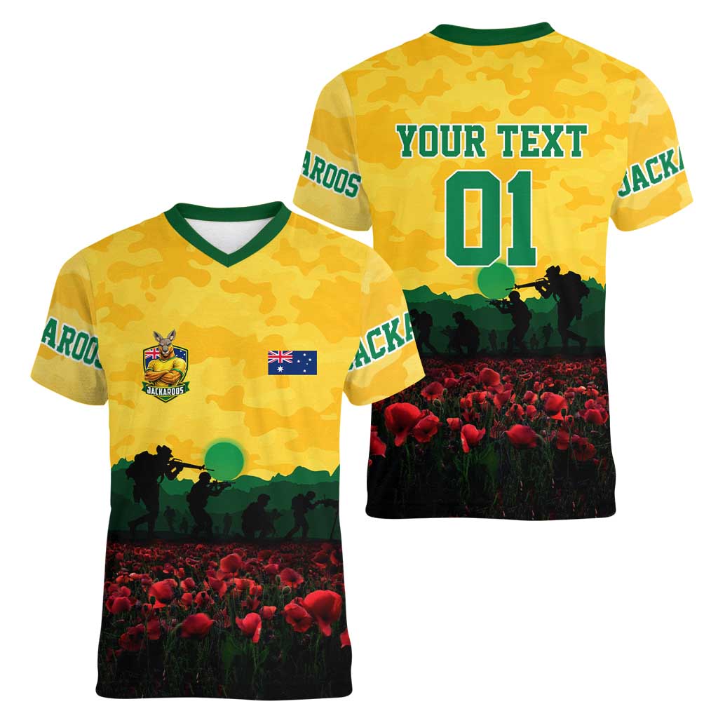 Personalized Australian Jackaroos ANZAC Women V-Neck T-Shirt Poppy Field Soldiers Silhouette Sunset Commemorative Design