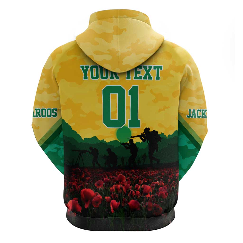 Personalized Australian Jackaroos ANZAC Zip Hoodie Poppy Field Soldiers Silhouette Sunset Commemorative Design