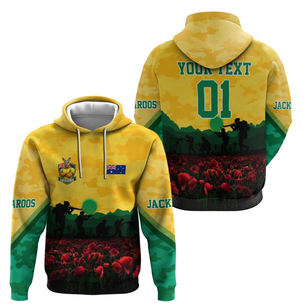 Personalized Australian Jackaroos ANZAC Zip Hoodie Poppy Field Soldiers Silhouette Sunset Commemorative Design