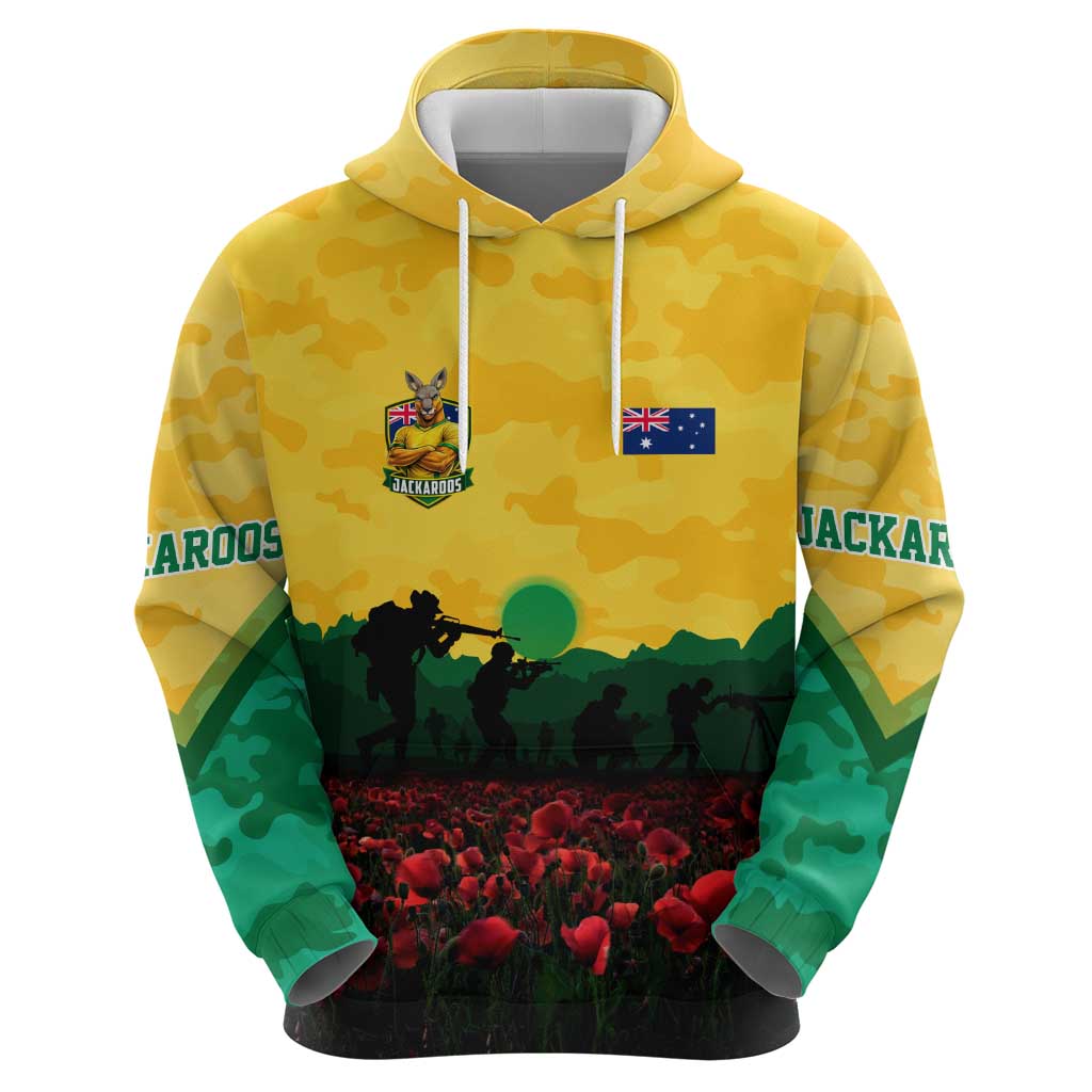 Personalized Australian Jackaroos ANZAC Zip Hoodie Poppy Field Soldiers Silhouette Sunset Commemorative Design