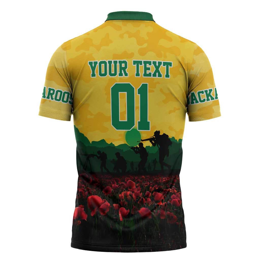 Personalized Australian Jackaroos ANZAC Zipper Polo Shirt Poppy Field Soldiers Silhouette Sunset Commemorative Design